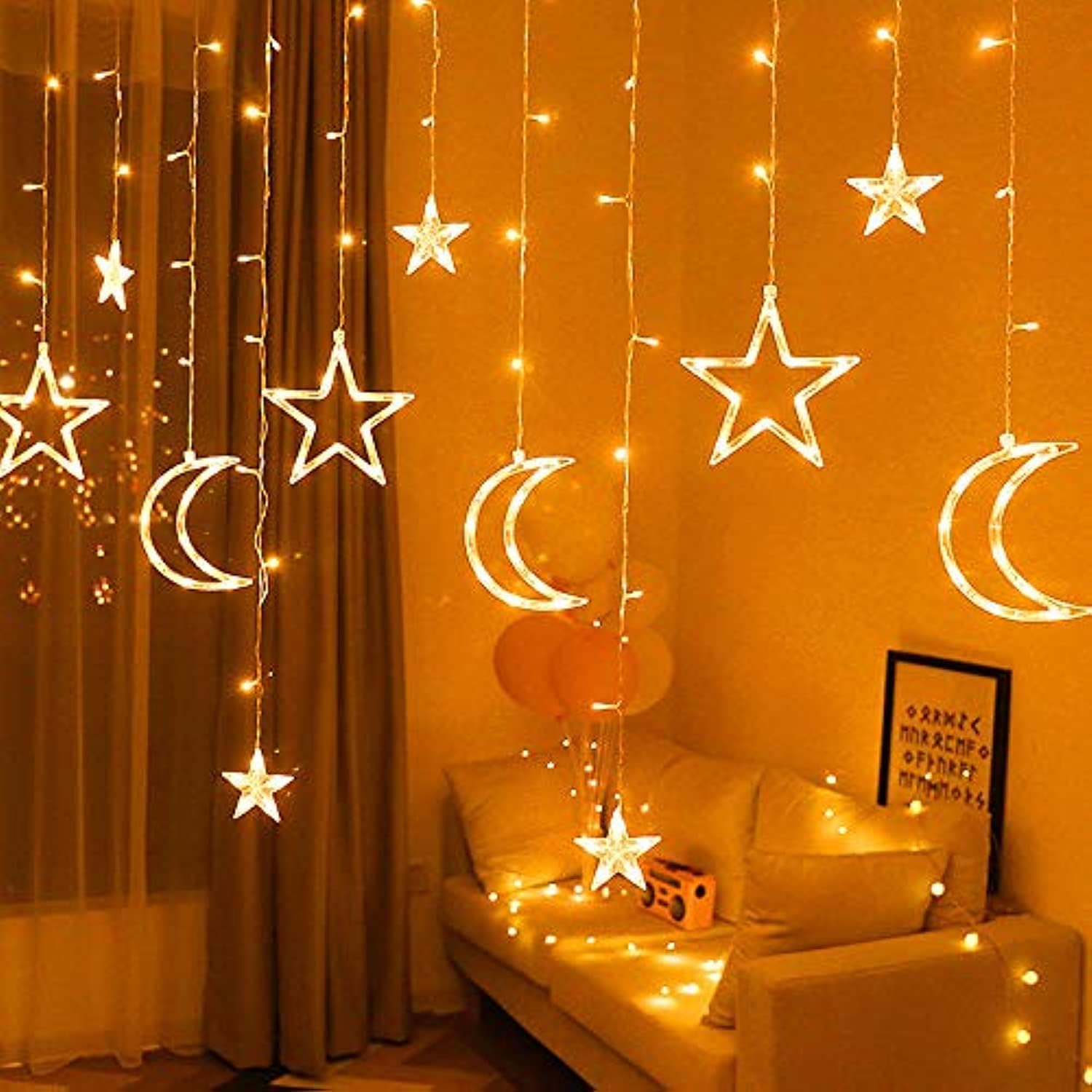 سلسلة مصابيح زينة رمضان 2024 للعيد بتصميم القمر والنجوم