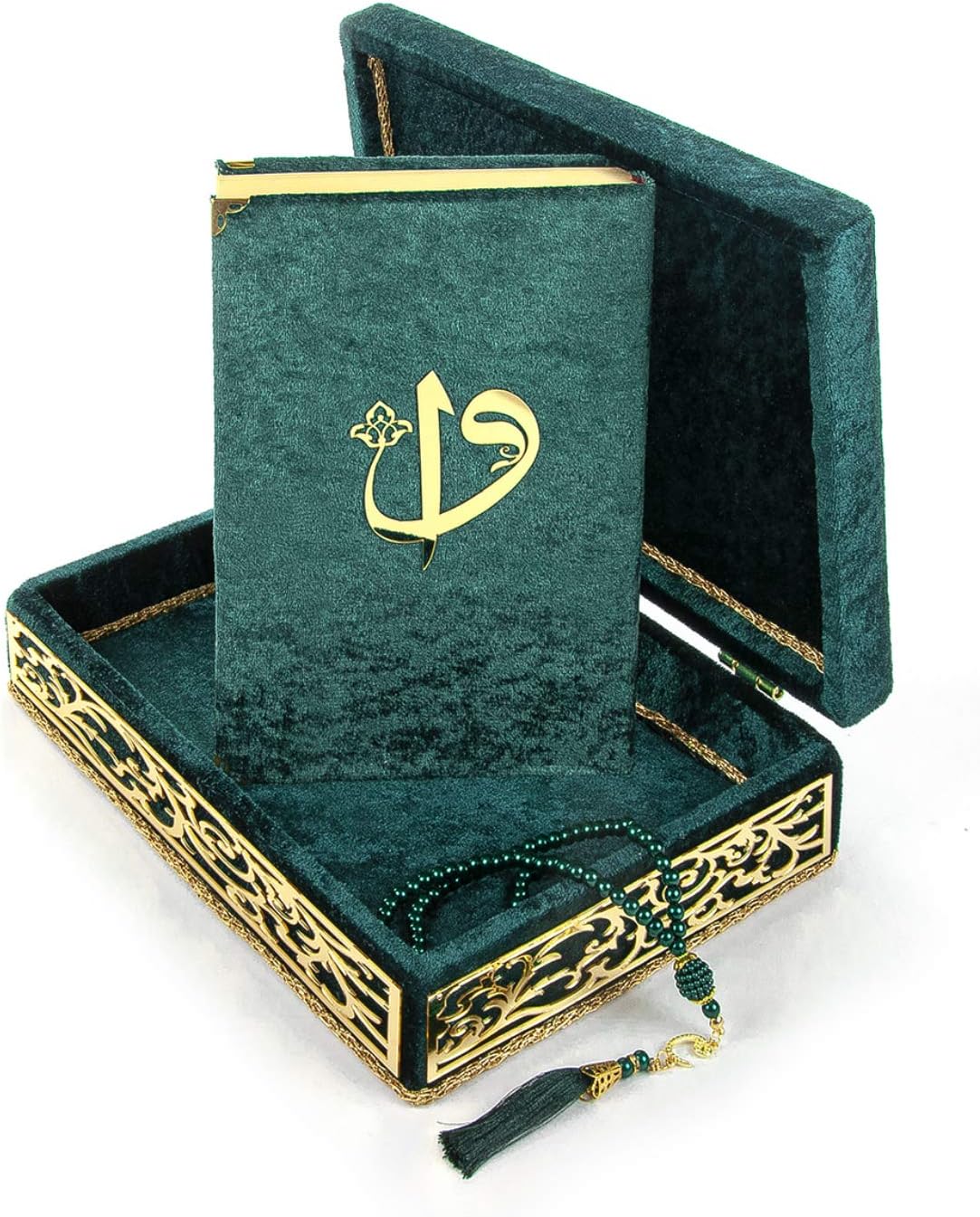 مجموعة صندوق انيق من المخمل مزخرف باحرف عربية مع كتاب قرآن كريم